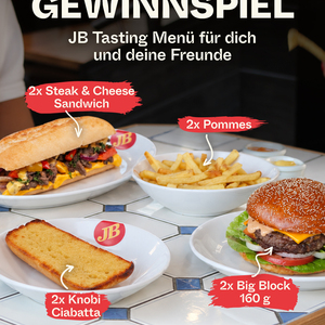 🔥 GEWINNSPIEL! EINMAL ALLES, BITTE! 🔥

2 x JB Steak & Cheese Sandwich? 
2 x Big Block 160g? 
2 x Knobi Ciabatta? 

Sagen&nbsp;...