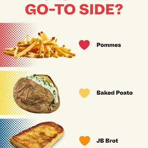 Das Bild zeigt drei verschiedene Beilagen: Pommes, ein gebackenes Kartoffelgericht mit Sour Cream und JB Brot. Es fragt: „Was ist deine Go-To Side?“ Jede Beilage ist mit einem Herzen und dem jeweiligen Namen markiert.