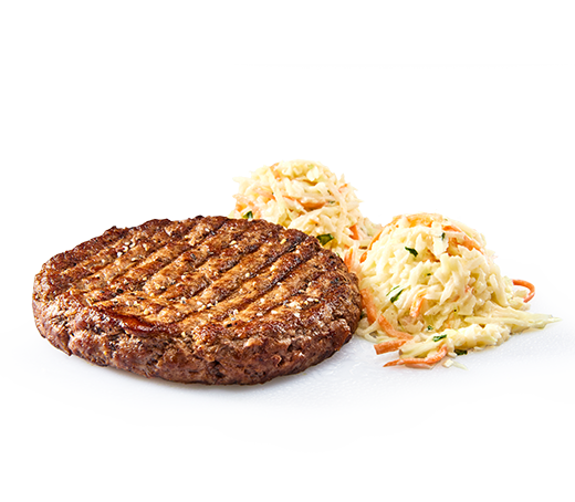 Gegrilltes Rindfleisch-Patty mit zwei Portionen cremigem Cole Slaw
