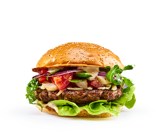 Burger JB Italien mit 125g Patty,  JB Sauce, Rucola, Tomaten Salsa, roten Zwiebeln und Grana Padano