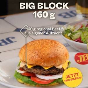 Jetzt neu: der Big Block 160g! 👋🍔

160g Regional Patty - mit Fleisch aus eigener Aufzucht in Mecklenburg-Vorpommern.
&nbsp;...