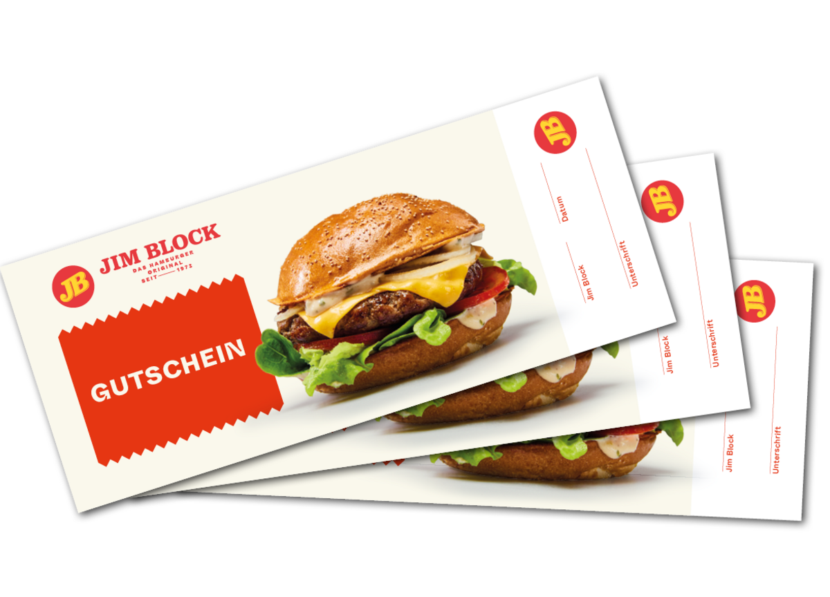 Drei Jim Block Gutscheine mit Burger-Motiv und rotem Gutschein-Schriftfeld