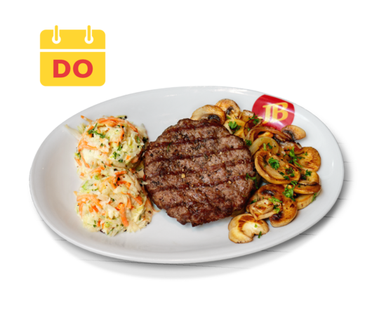 160g Regional Patty mit Coleslaw und Champignons mit Zwiebeln. Lunch Time am Donnerstag 