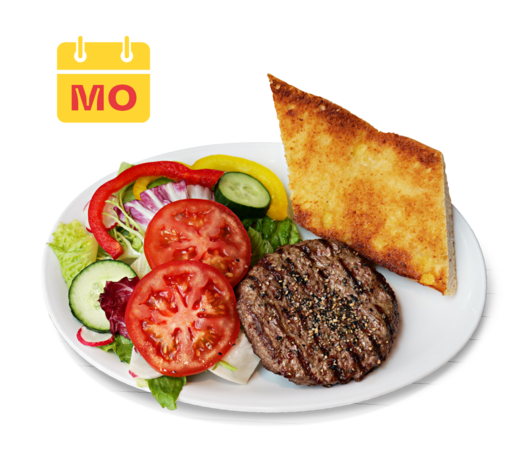 JB Salat klein, gegrilltem 160g Patty und ofenfrischem JB Brot. Lunch Time am Montag