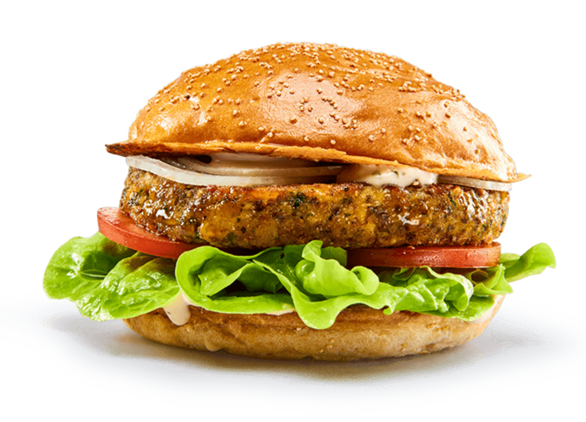 JB veganer Burger Veganer Burger mit Salat, Tomaten, Zwiebeln und cremiger Sauce im Sesam-Bun.