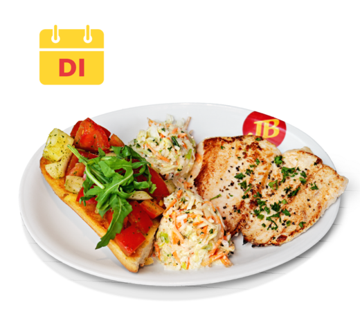 Gegrilltes Hähnchenbrustfilet mit Bruschetta und zwei Kugeln Coleslaw auf einem JB-Teller. Lunch Time am Dienstag.