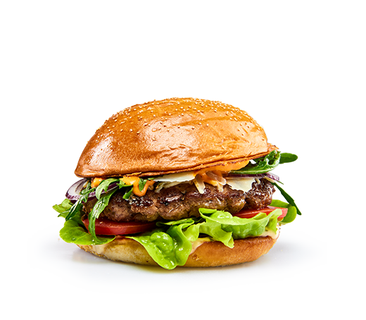 Burger JB Caesar mit 125g Patty, JB Sauce, Tomaten, roten Zwiebeln, Rucola, Grana Padano, Madurai Sauce