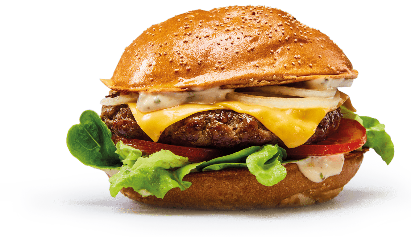 Frisch zubereiteter Cheeseburger mit Salat, Tomate, Zwiebeln und Sauce